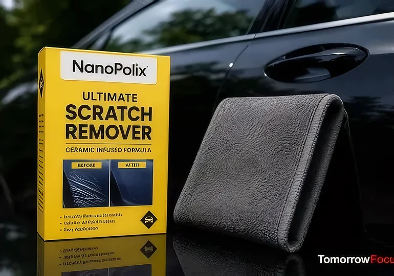 Driver holding NanoPolix cloth in front of a shiny scratch-free car door