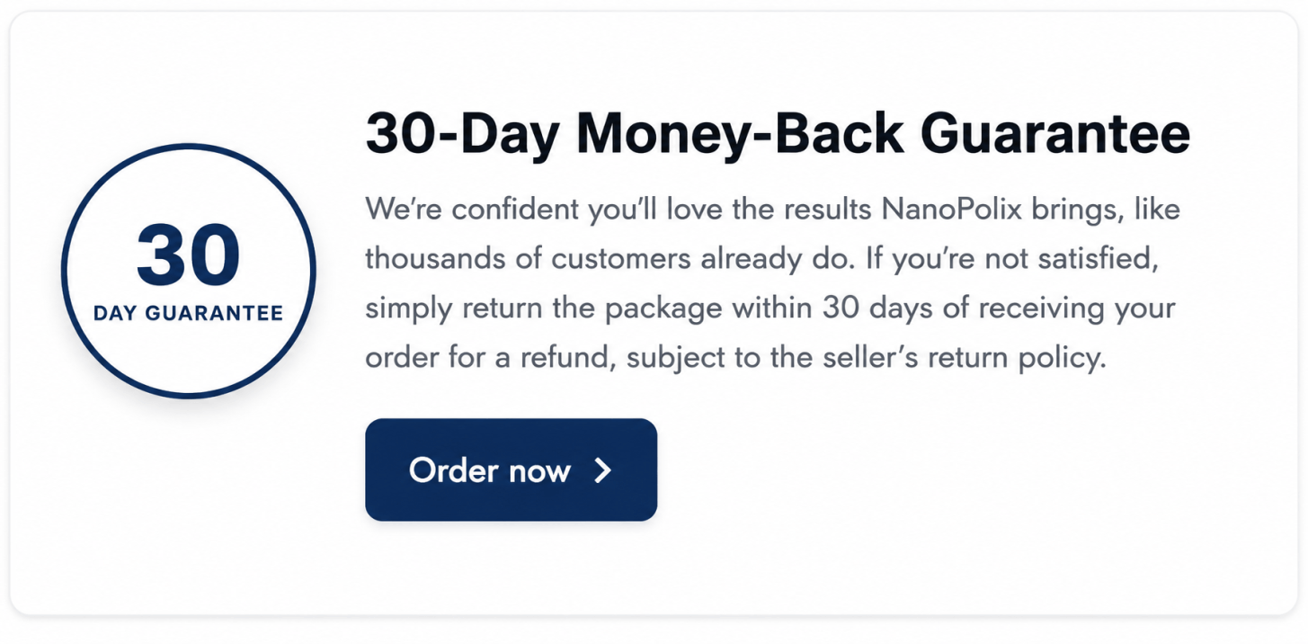 NanoPolix 30-day money-back guarantee badge — order safely from the official store