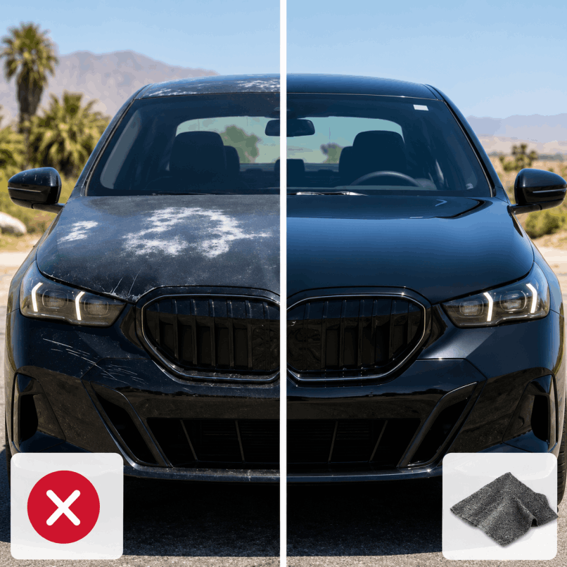 NanoPolix in use — step-by-step: clean the scratch, rub in circles, buff to reveal shine