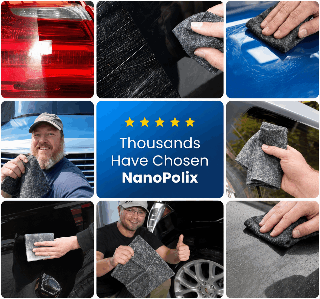 Side-by-side of NanoPolix, rubbing compound, and a touch-up pen for scratch repair comparison